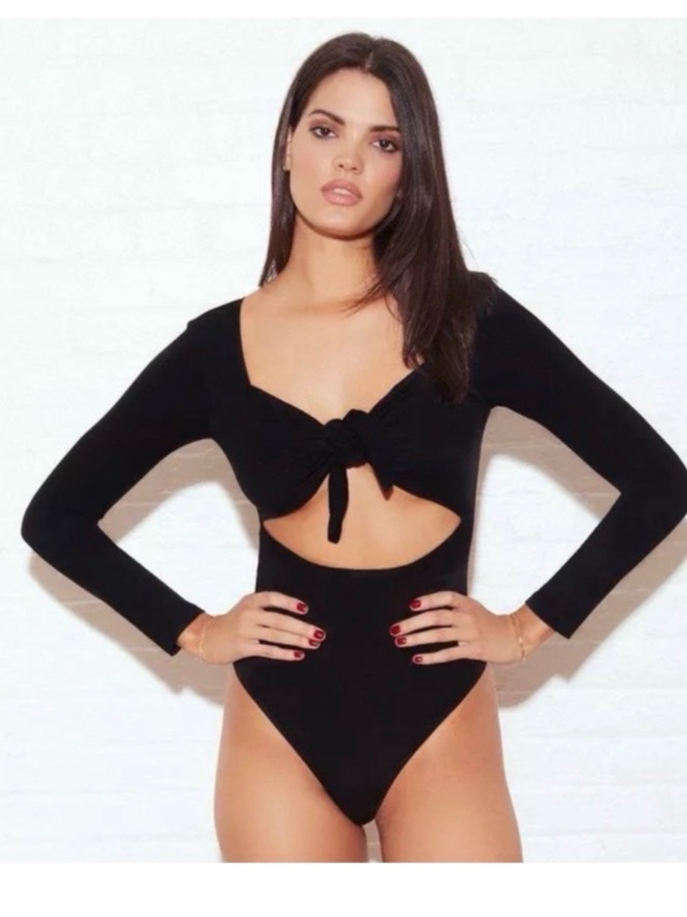 Fleur du Mal NWT Black Tie-Front Bow Cutout Bodysuit - Black Size M